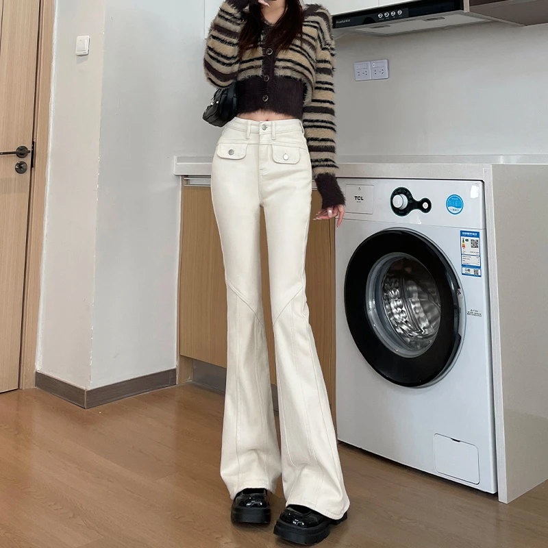 米白色高腰牛仔裤女2025年春季修身弹力显瘦显高微喇叭长裤蛮腰纪