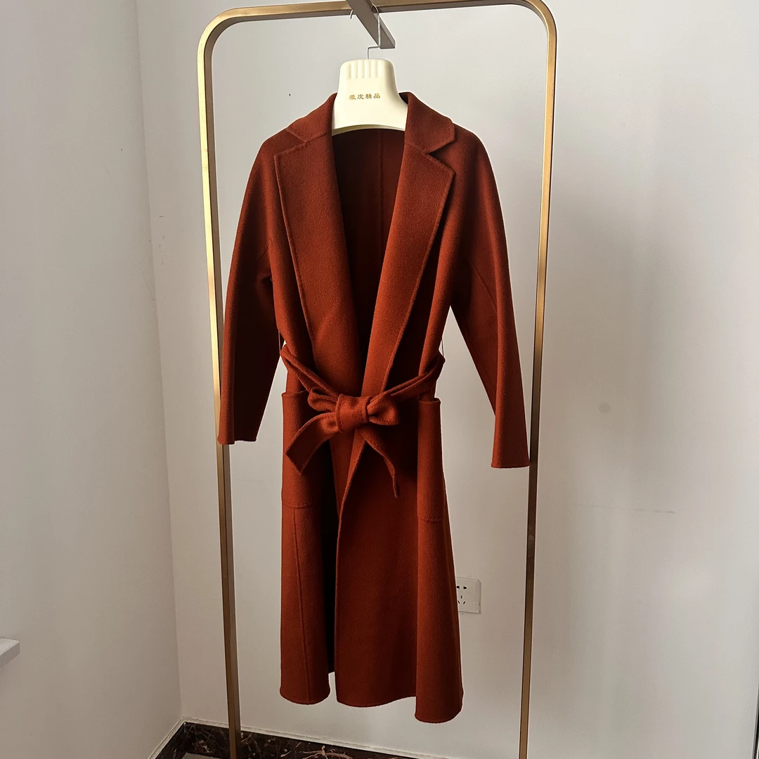 长款秋冬春宽松型系带秋冬扎染毛呢外套喇叭袖