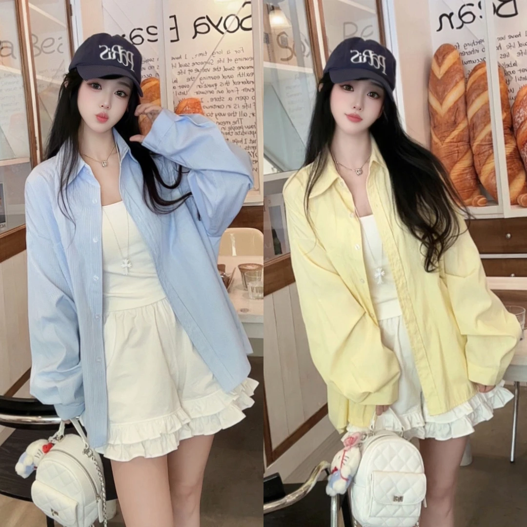 常规防晒衬衣薄款休闲宽松ol条纹慵懒风上衣衬衫长袖