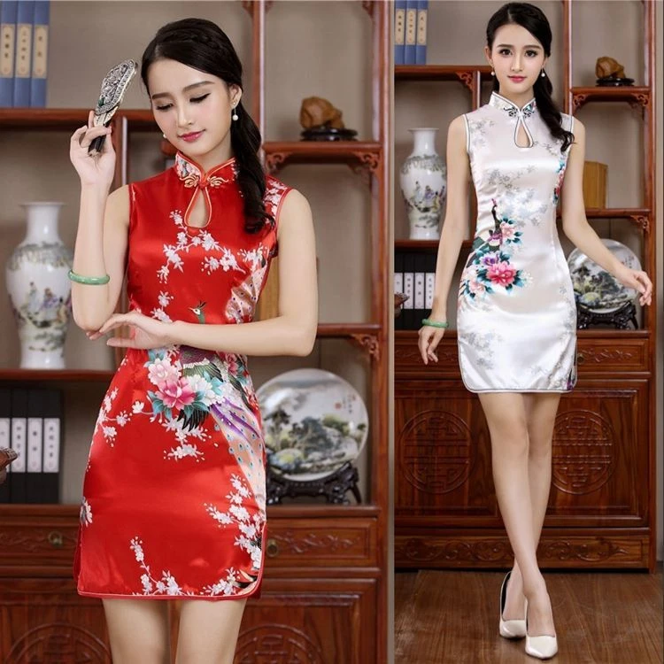 画报夫人【热卖中】中国风唐装旗袍女复古中式改良无袖滴水领孔雀印