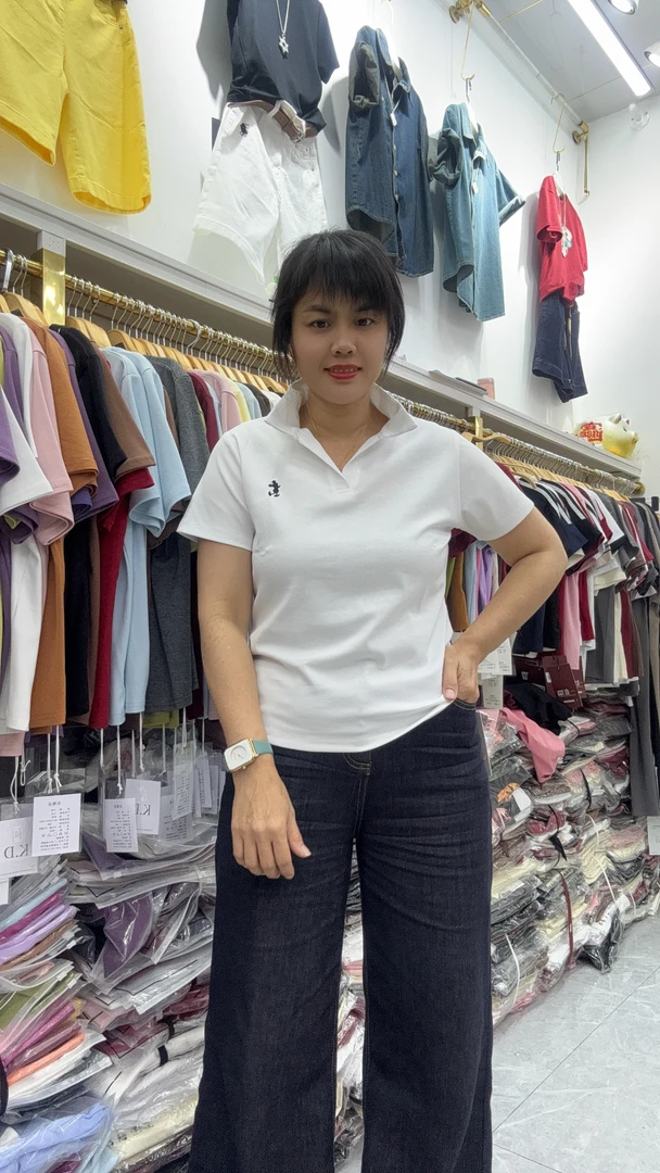 刺绣常规简约POLO领翻领抗皱T恤高领针织短款时尚修身短袖