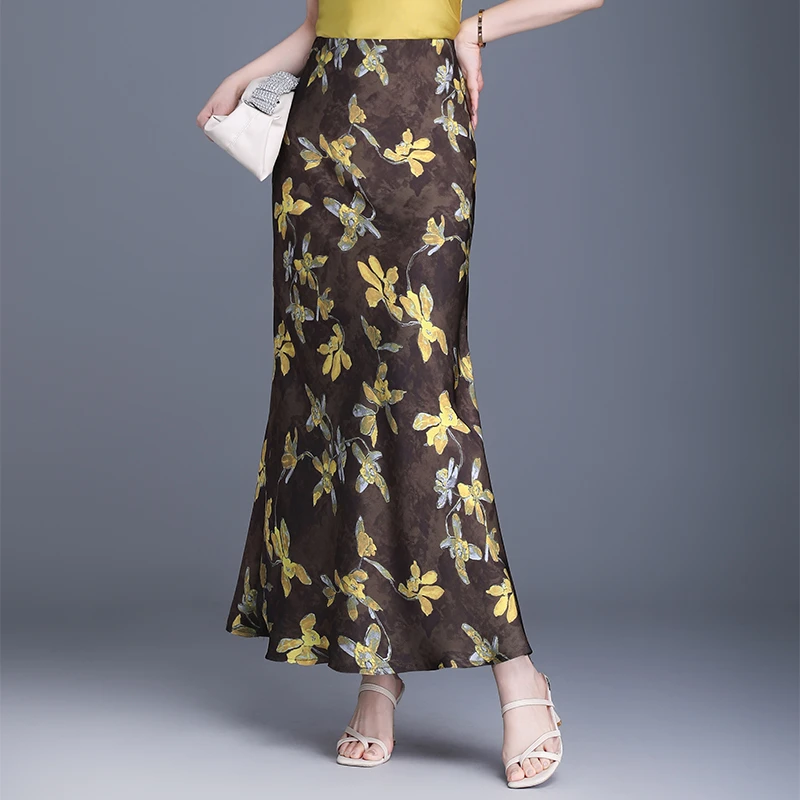鱼尾裙印花高腰长裙烫金半身裙裙子修身气质中长款开叉大摆碎花