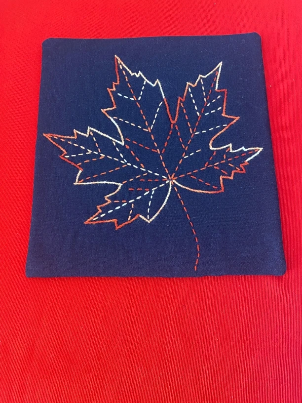 R326枫叶茶席、杯垫、鼠标垫材料包深蓝色含棉麻布料一共五层含模版