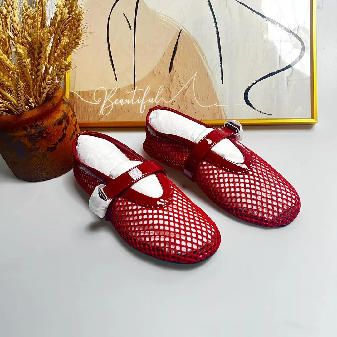 25春季法式小众设计师渔网鞋镂空网纱鞋玛丽珍鞋一字扣带平底鞋