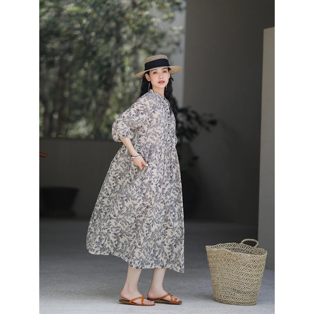 麻霖原创设计日本进口肌理感盐缩棉布印花风格款显瘦长款连衣裙