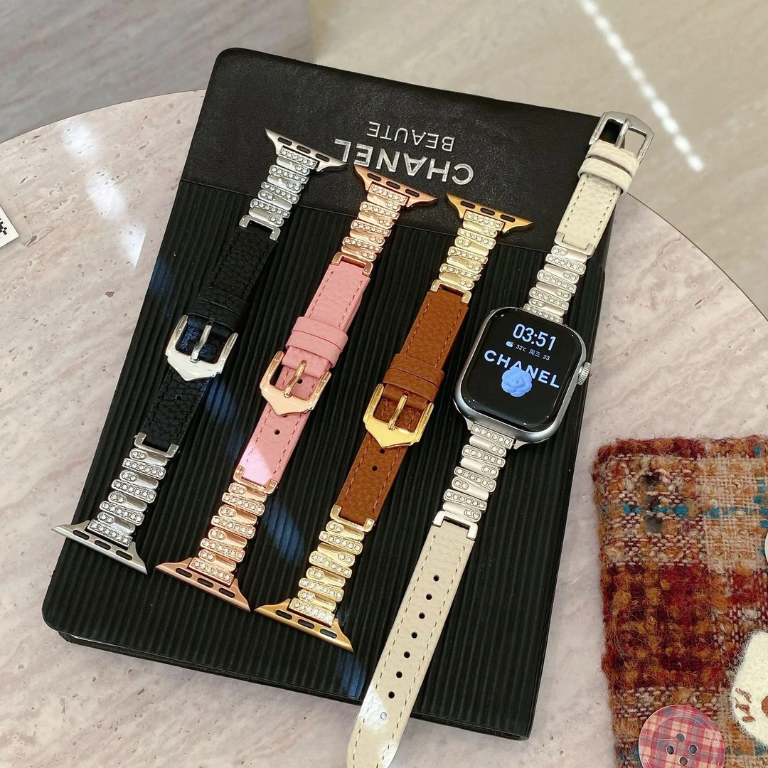 适用小米手环9pro表带不规则镶钻拼皮红米watch6秋冬女士手表配件
