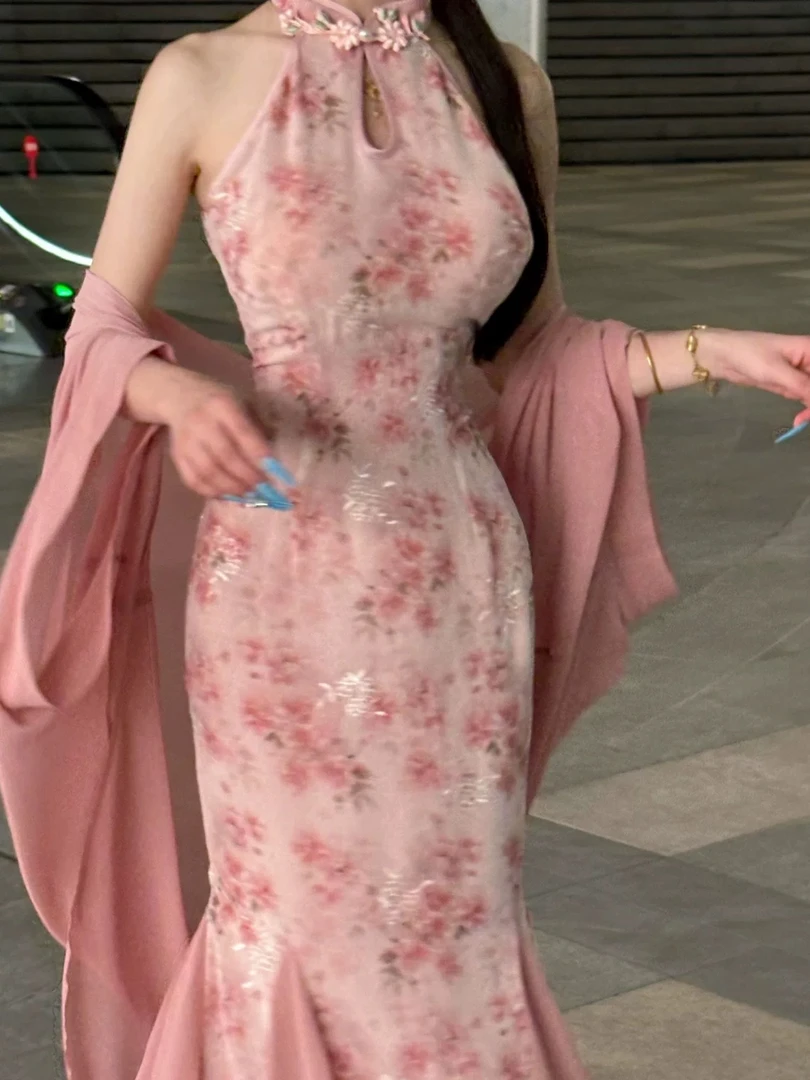 粉色新中式古法绝美日常国风纯欲水滴领旗袍女夏2025新款桃花姬