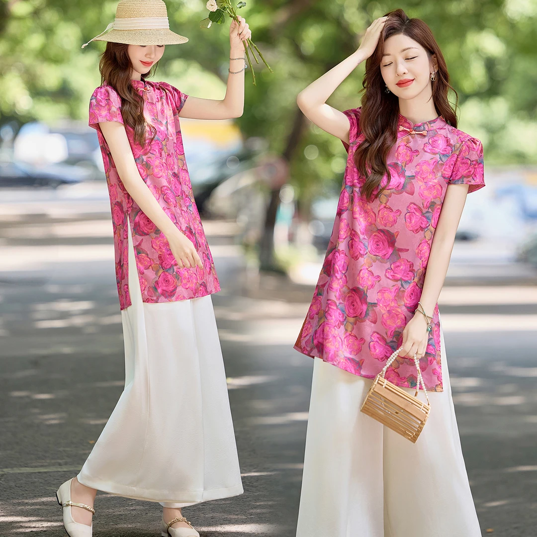 新中式国风盘扣印花套装女2025夏季新款复古气质宽松阔腿裤两件套