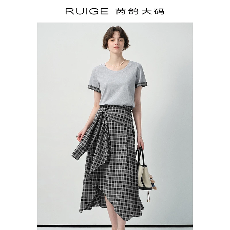 芮鸽微胖定制格纹T恤套装不规则半身裙短袖女A字胖mm裙子0502DN