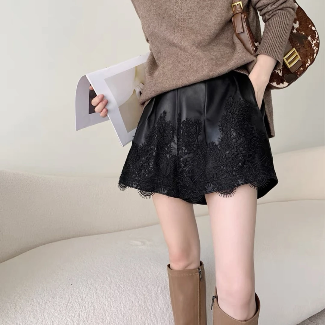 水溶蕾丝拼接头层绵羊皮皮裤