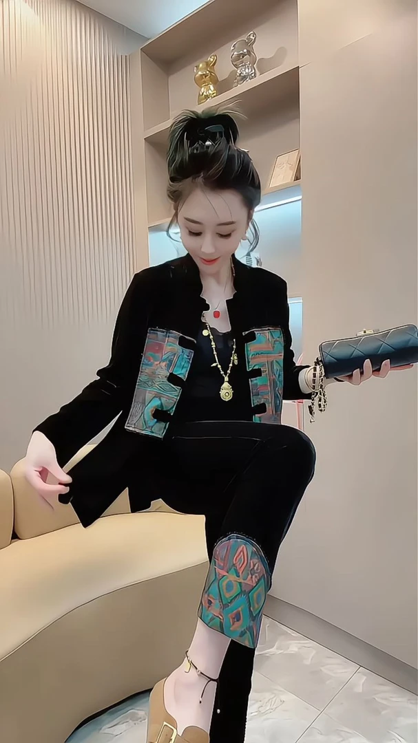 春秋时尚气质显瘦大码新中式国风盘扣丝绒长袖外套上衣长裤两件套