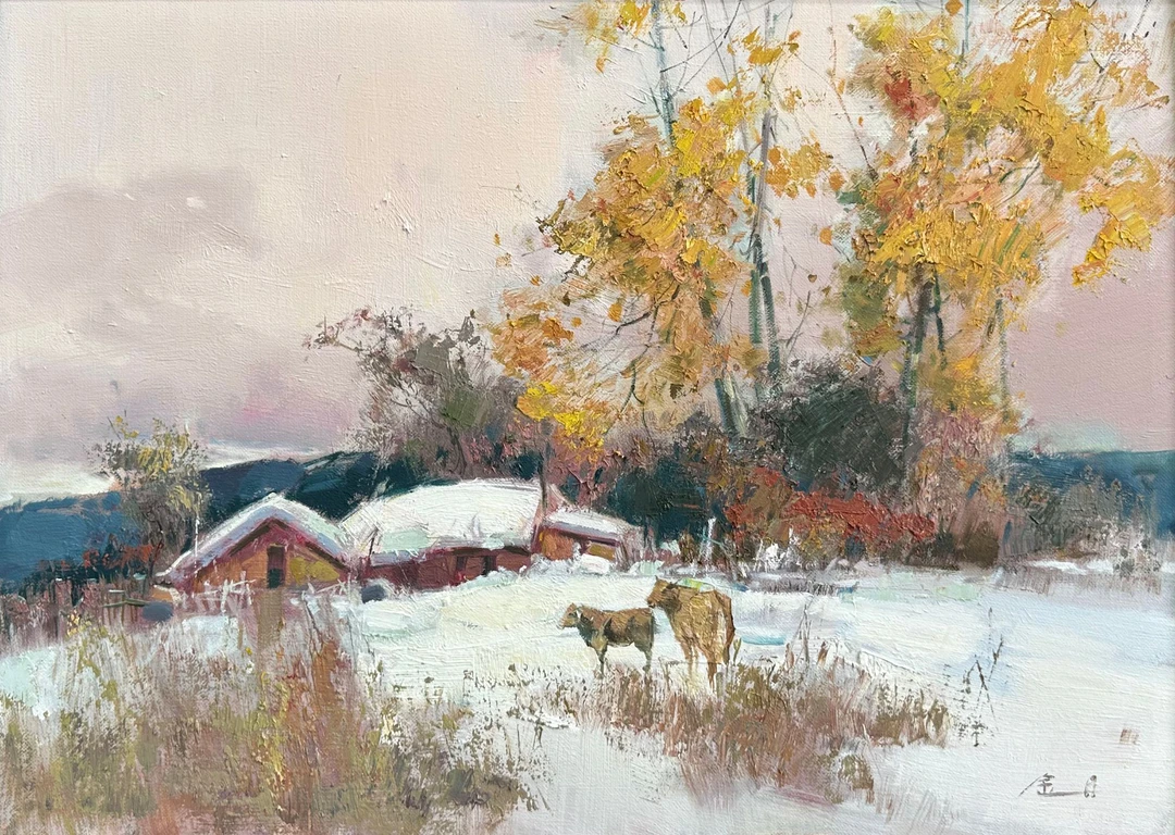 金日油画 原创风景油画收藏《雪乡牧趣》画布纯手绘油画 70-50cm