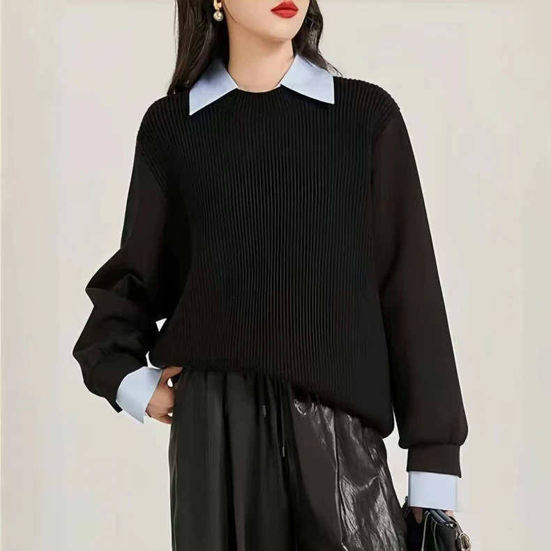 哥弟阿玛施正2025秋冬新款拼接衬衫领假两件针织衫纯欲慵懒风女装