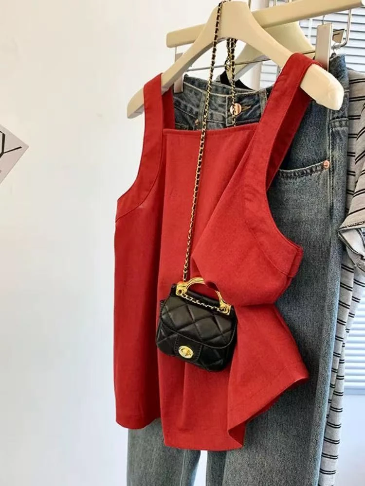 0191-辣妹红色蝴蝶结吊带背心女2025夏款多巴胺女孩露背设计感