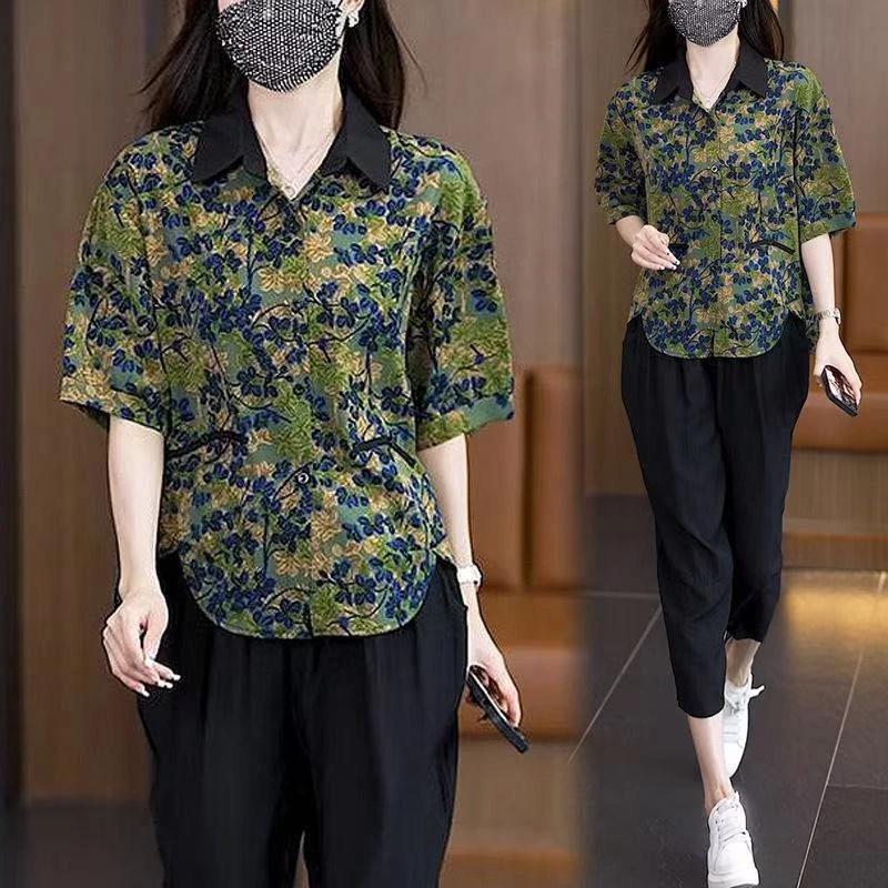 阔太太妈妈夏装2025新款套装女洋气时尚大码宽松显瘦哈伦裤两件套