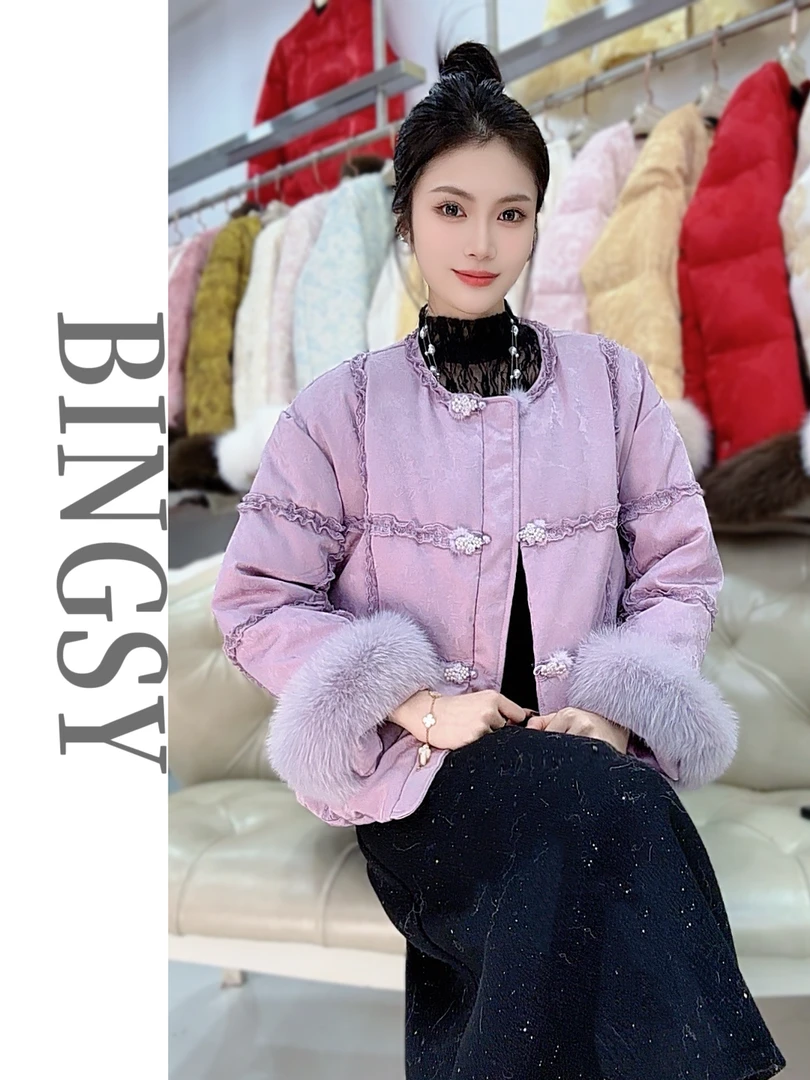 【紫霞映绮 】冬季新中式国风单排扣蕾丝拼接棉服