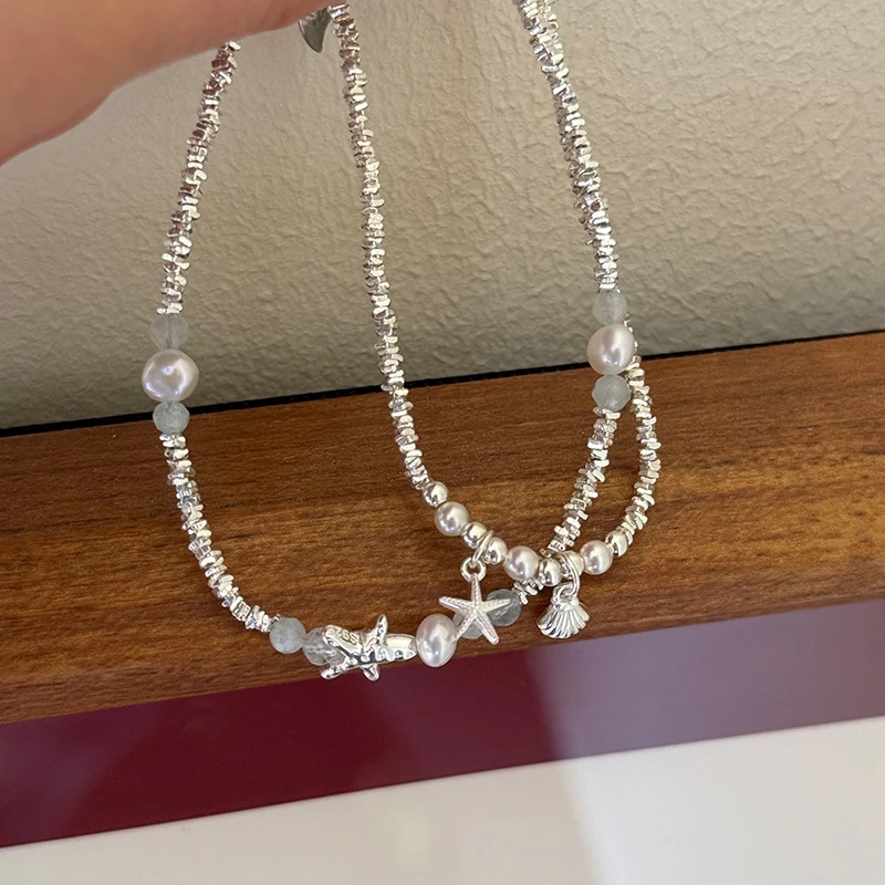 925银手链 925纯银海星贝壳珠碎银子手链女手工弹力绳款设计百搭