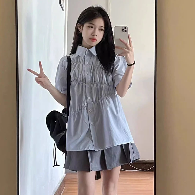 甜美蓝色衬衫女短袖夏季设计感小众潮流宽松休闲学院风高级感衬衣