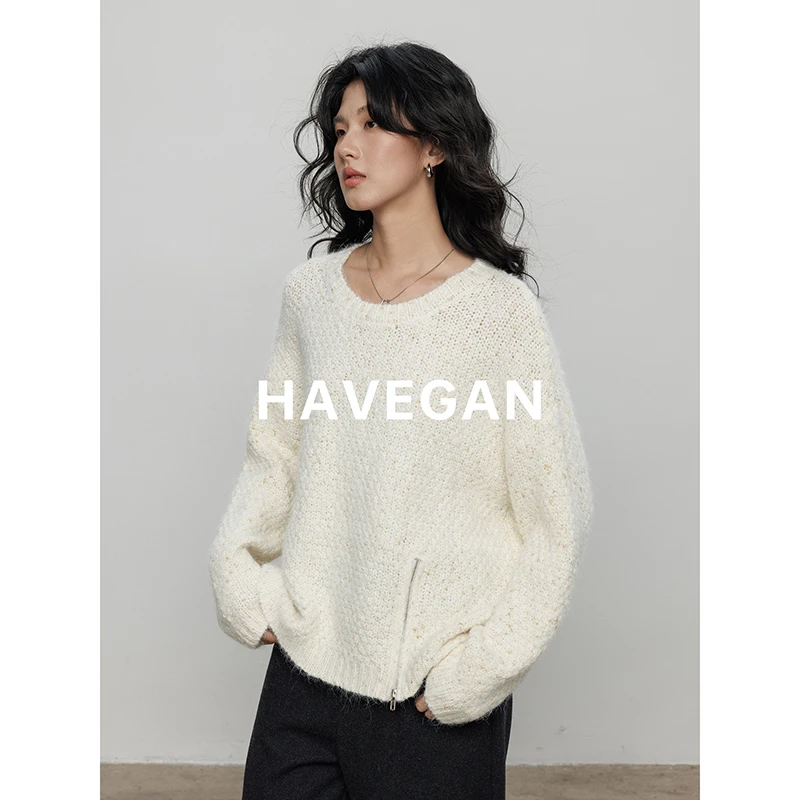 与间HAVEGAN/圆领长袖设计感磨毛针织毛衣女拉链慵懒软糯休闲上衣