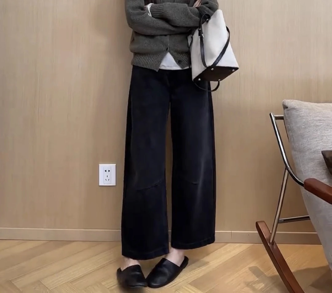 高腰复古简约宽松阔腿牛仔裤大码女装百搭韩版显瘦洋气九分牛仔裤