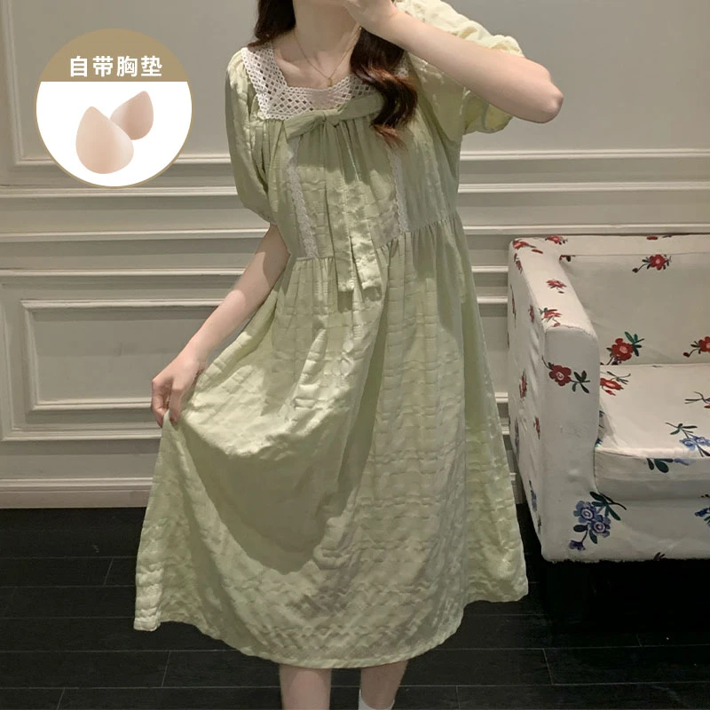 薄荷绿甜美风带胸垫睡裙女款夏季爆款短袖裙子学生宽松睡衣家居服