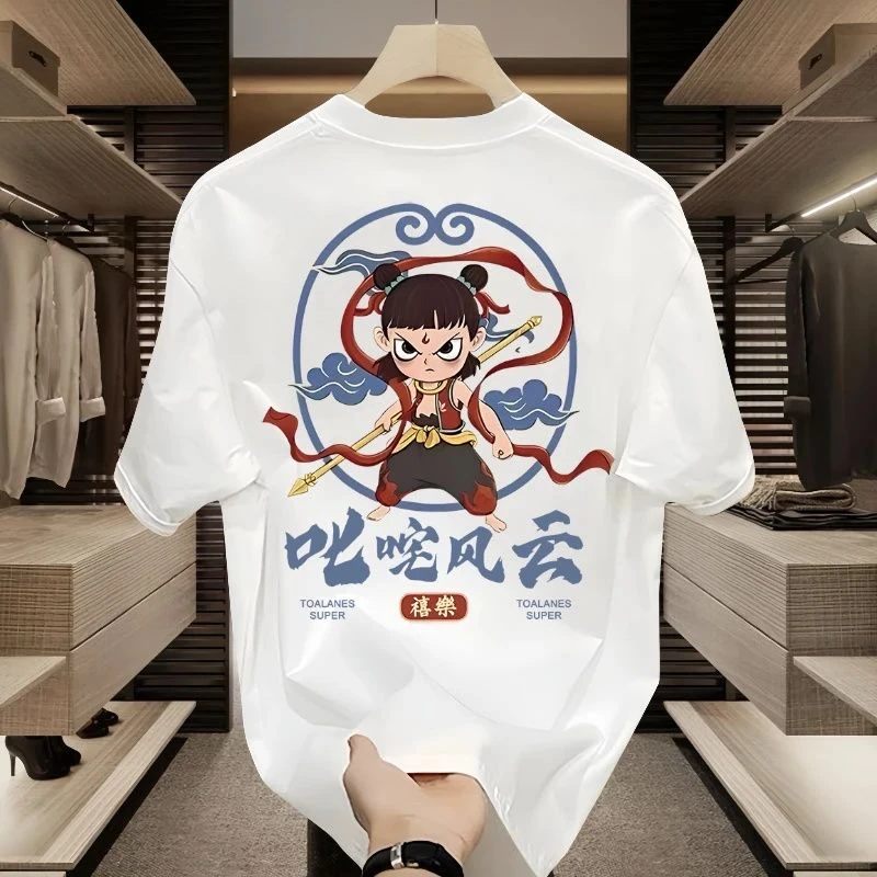 2025新款潮牌男士纯棉短袖t恤男圆领上衣潮牌潮流哪吒主题印花ins