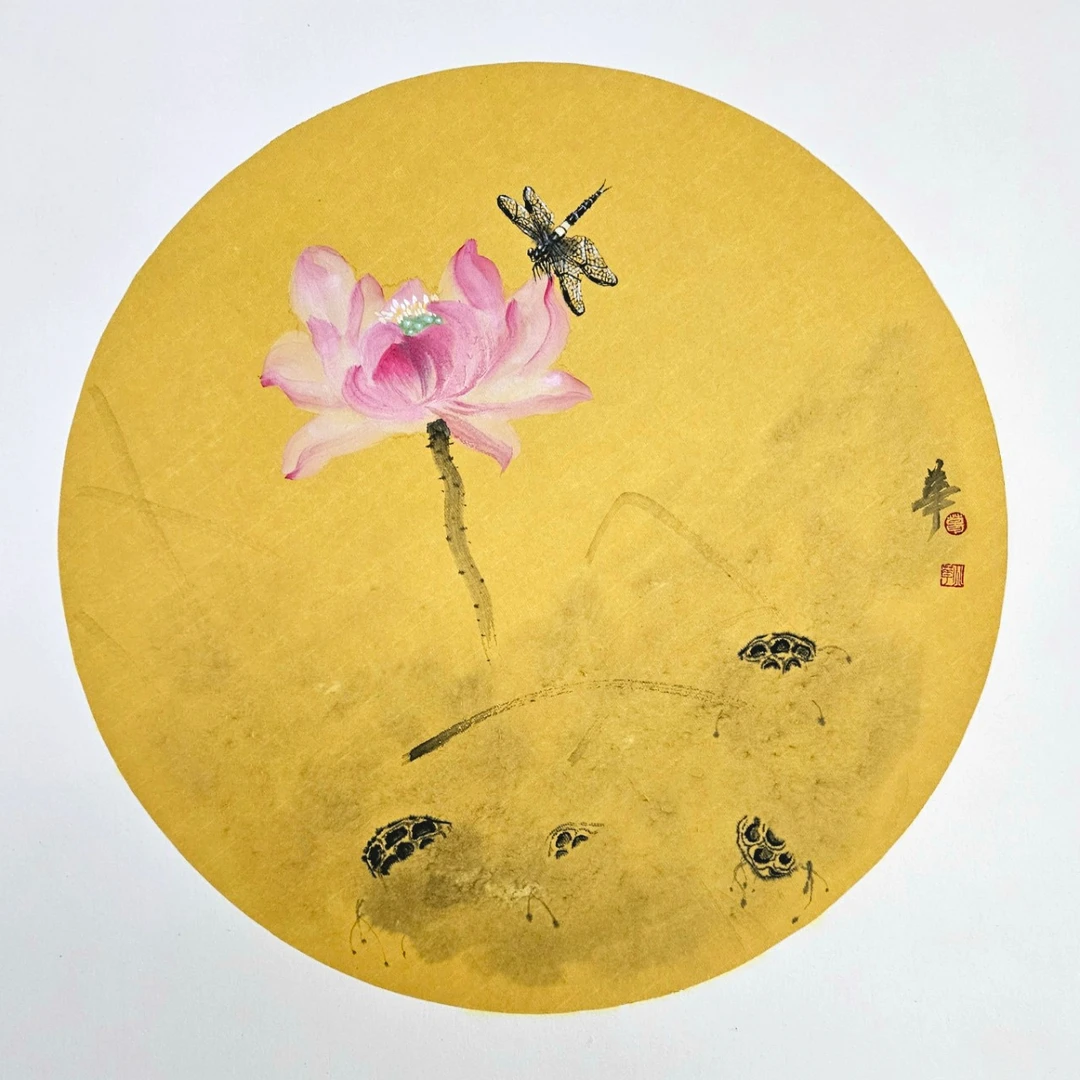 加厚圆形宣纸卡纸国画翠鸟荷花禅意小品装饰画