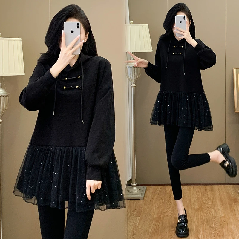 网纱拼接连帽卫衣女秋冬季年新款大码女装欧洲站中长款上衣潮