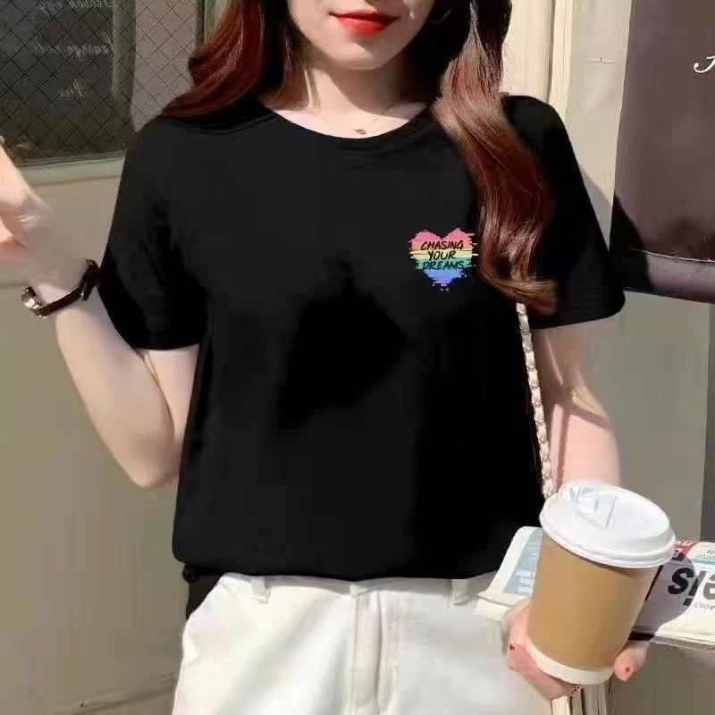 胸标彩心  新款女式纯棉短袖T恤爆款休闲圆领宽松正肩白色上衣