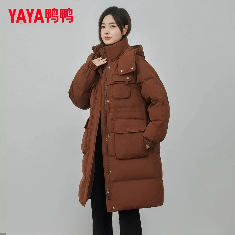 YAYA/鸭鸭中长款羽绒服冬季时尚连帽收腰显瘦90绒外套YE3B621835L