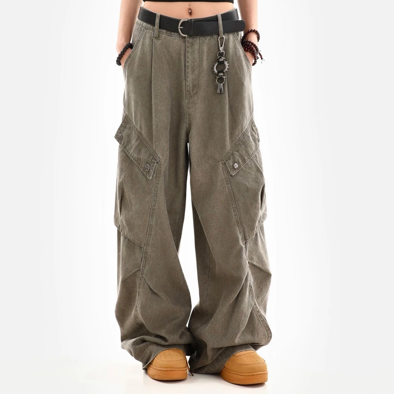 【桃子】美式水洗褶皱大口袋工装裤男女微喇嘻哈潮牌阔腿休闲长裤