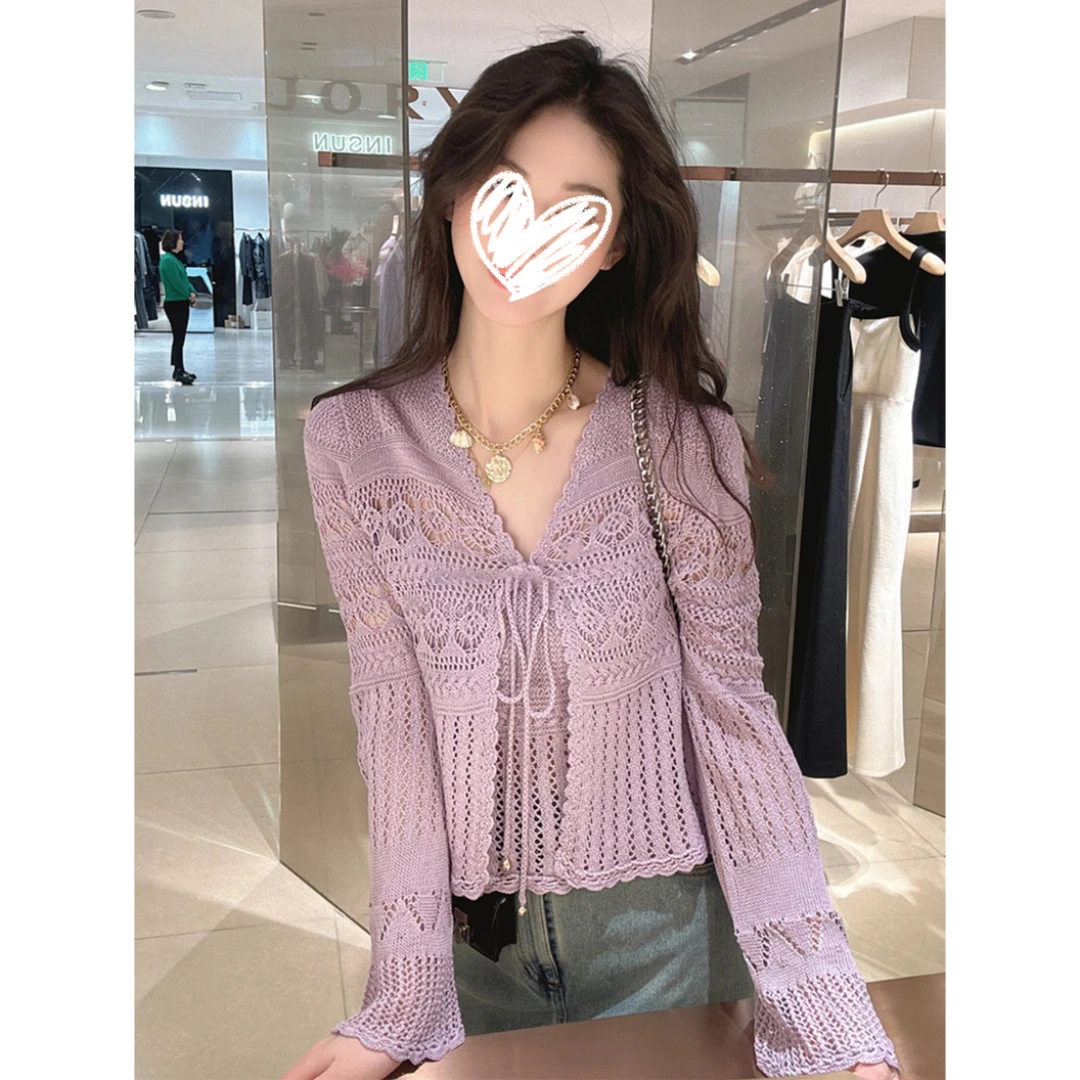 早秋法式甜美宽松长袖镂空开衫~搭配同色系吊带上衣套装