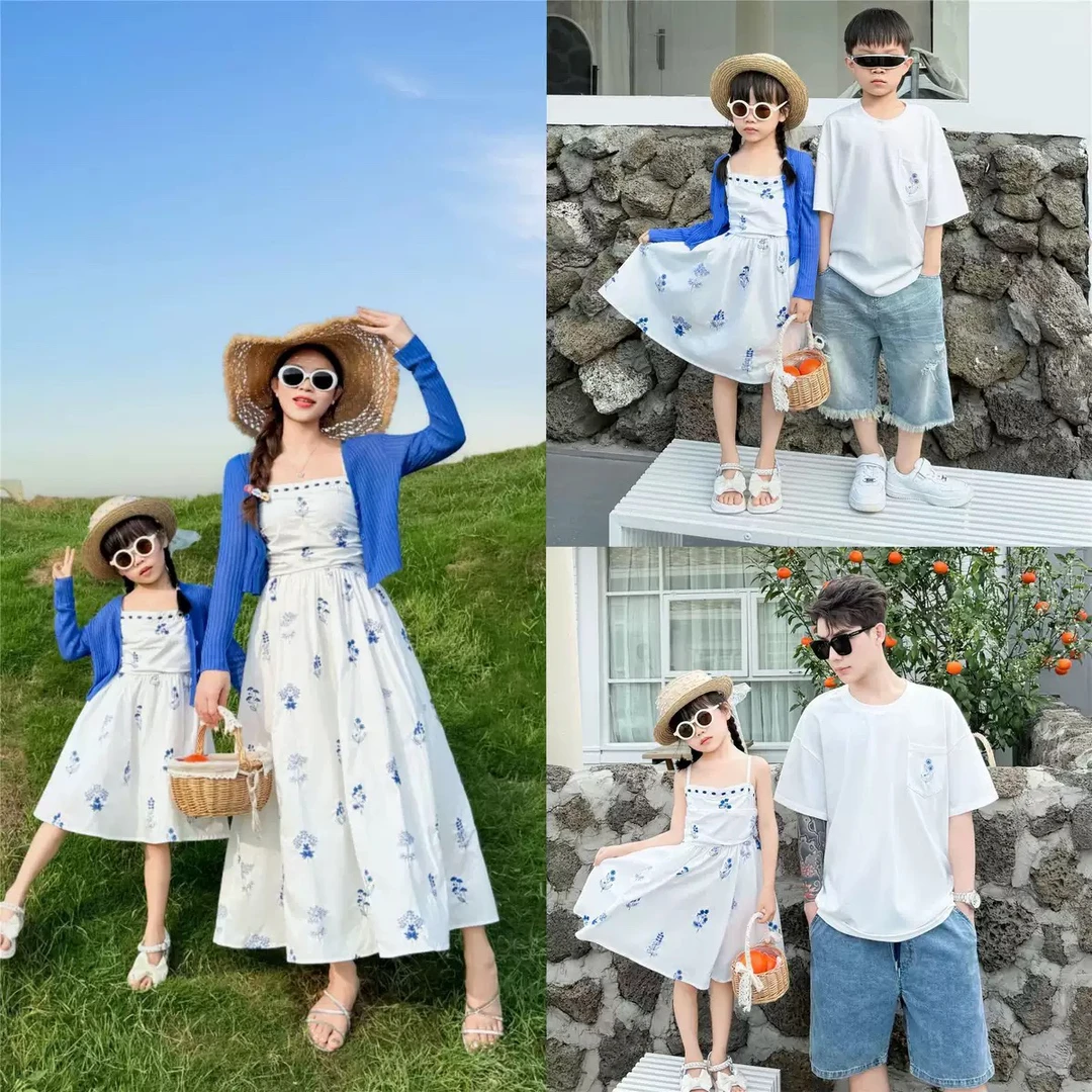 亲子装一家三口夏季新款沙滩母女吊带连衣裙海边度假母子休闲衬衫