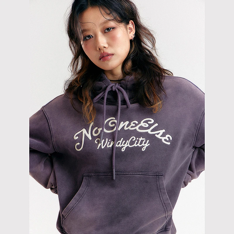 NO ONE ELSE美式复古女装运动女装秋季做旧抽绳长袖上衣字母刺绣