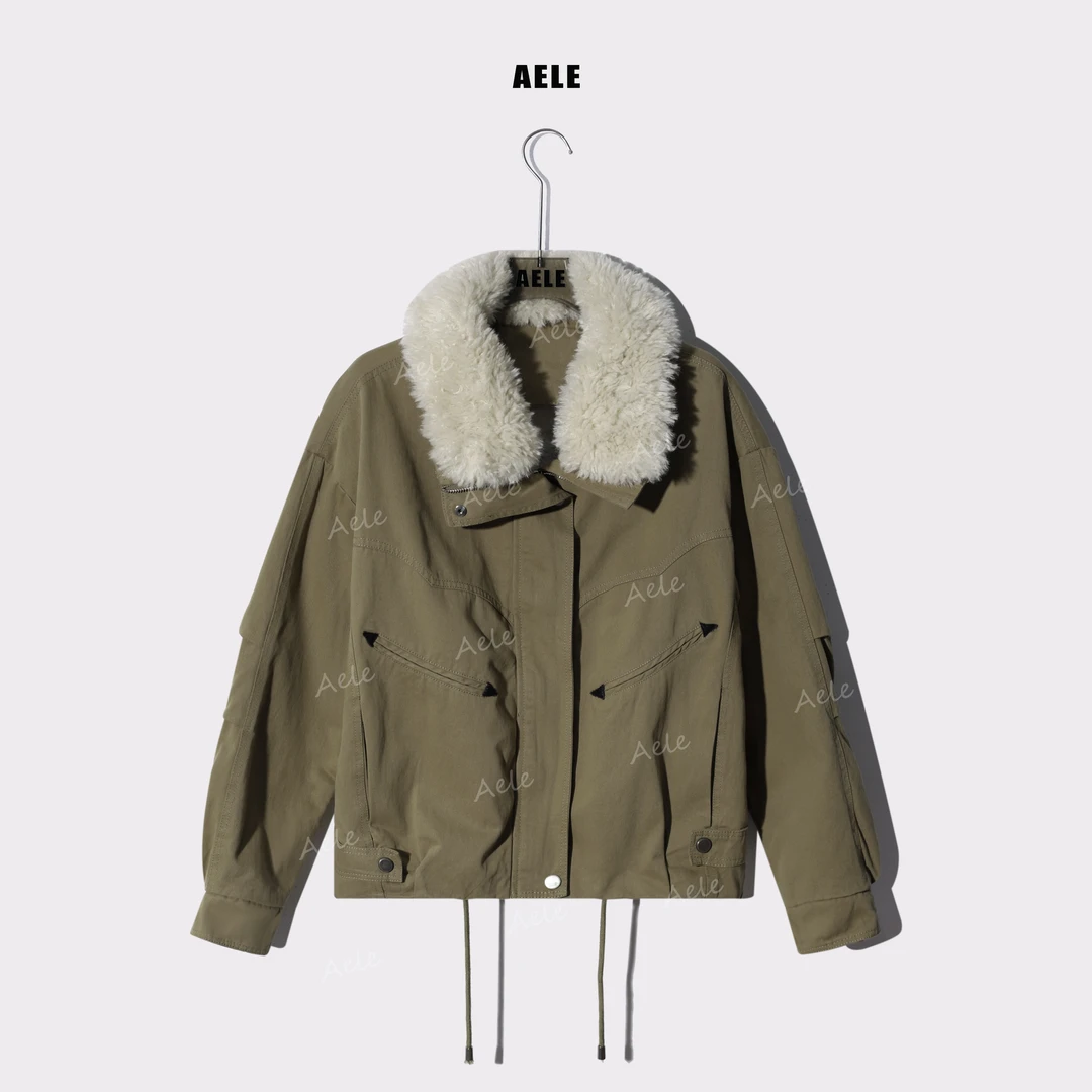 AELE毛绒领工装外套多口袋设计女保暖复古宽松夹克 W855 3506 AD