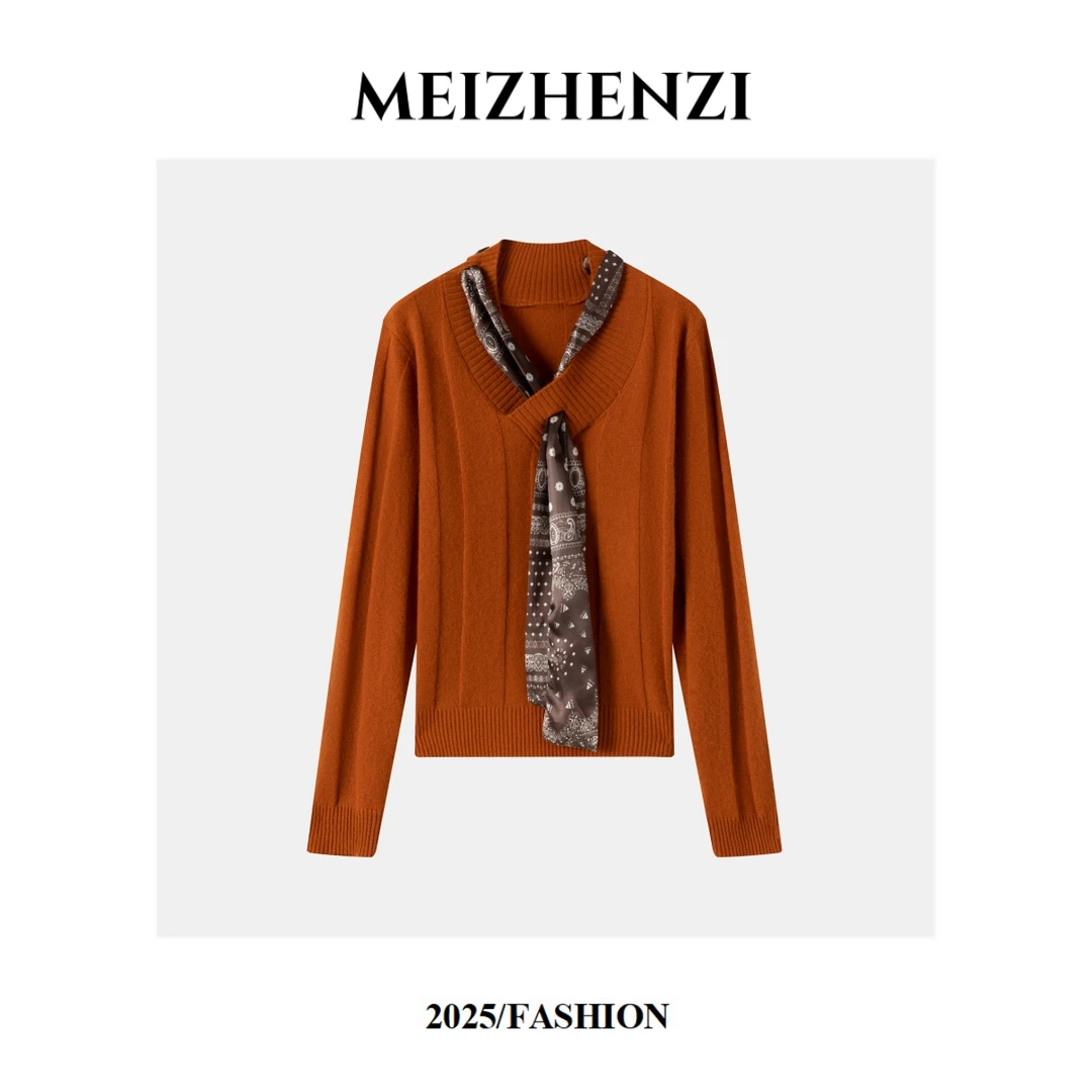 MEIZHENZI【绵羊毛+山羊绒】气质V领套头针织衫女毛衣（配丝巾）