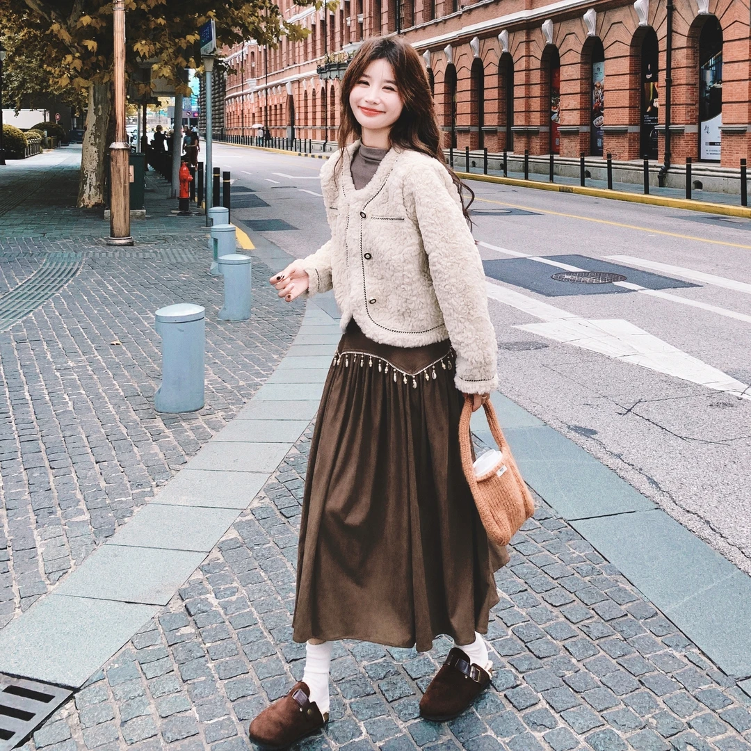 韩系秋冬套装裙女新款设计感小香风羊羔毛外套鹿皮绒半身裙两件套