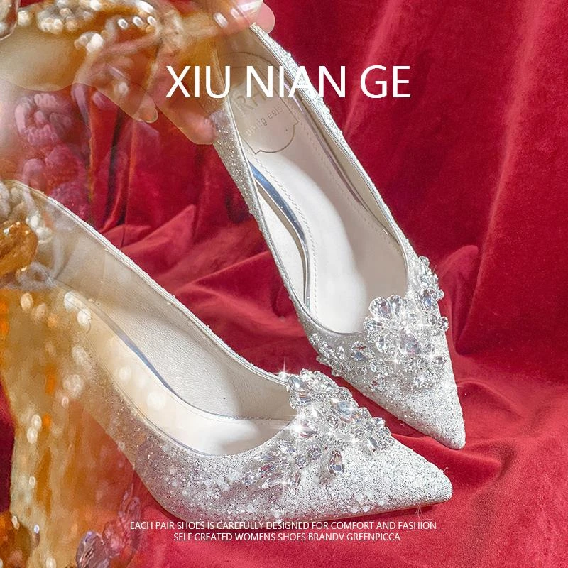 【澳门专柜正品】银色细跟婚鞋女主婚纱婚礼订婚新娘鞋2025新款夏季
