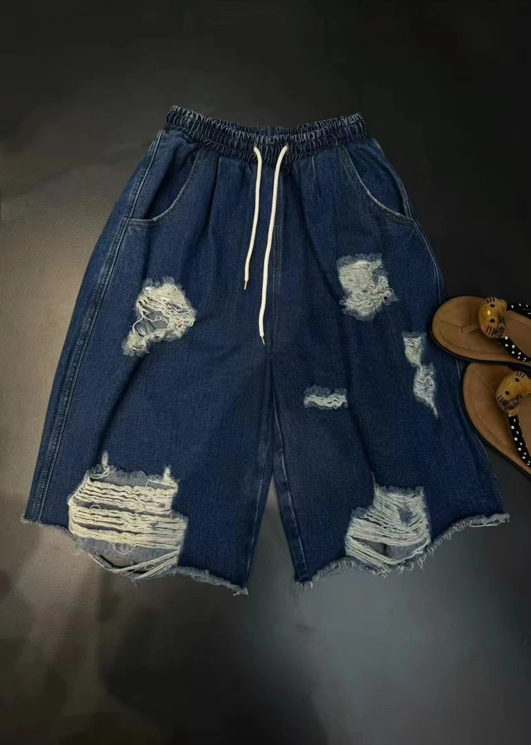 宠儿【2025夏季财神韩版重工抽绳松紧腰牛仔蓝中裤】