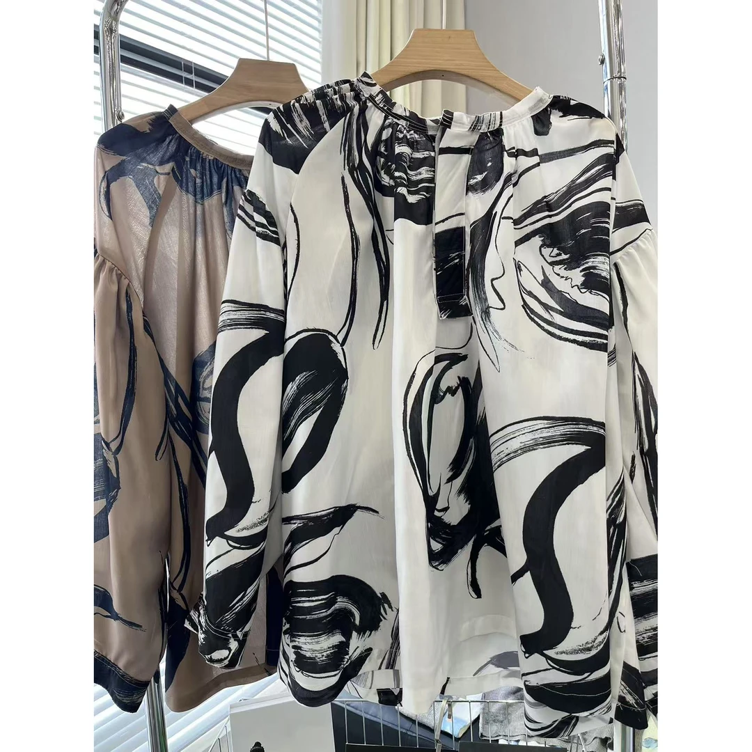 【水墨郁金香】极简风新款基础郁金香印花宽松设计感衬衫.Y8372