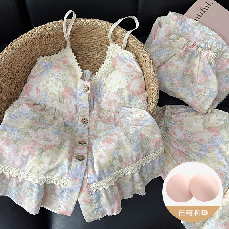 【三件套莫奈花园】自带胸垫云朵绵夏季吊带睡衣甜美少女家居服套装
