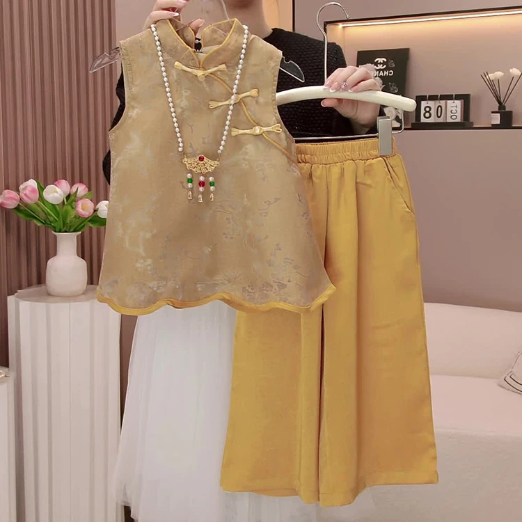 女童套装2025夏季新款新中式高级设计感镂空提花汉服儿童两件套