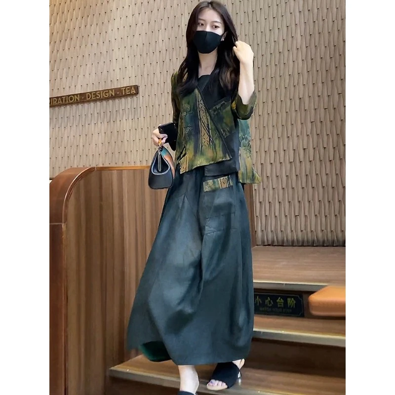 2025春夏新款香云纱设计感七分袖宽松上衣半身裙长裙两件套装裙女