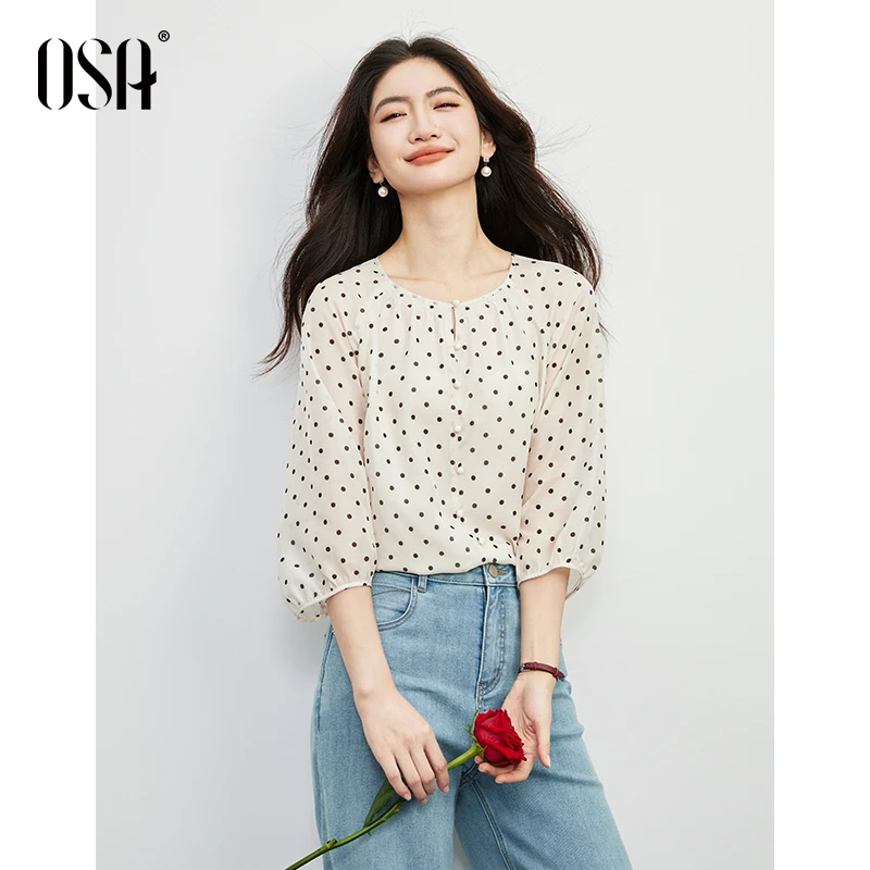 OSA/法式复古波点雪纺衫女秋季新款中袖衬衫上衣时尚百搭气质衣服