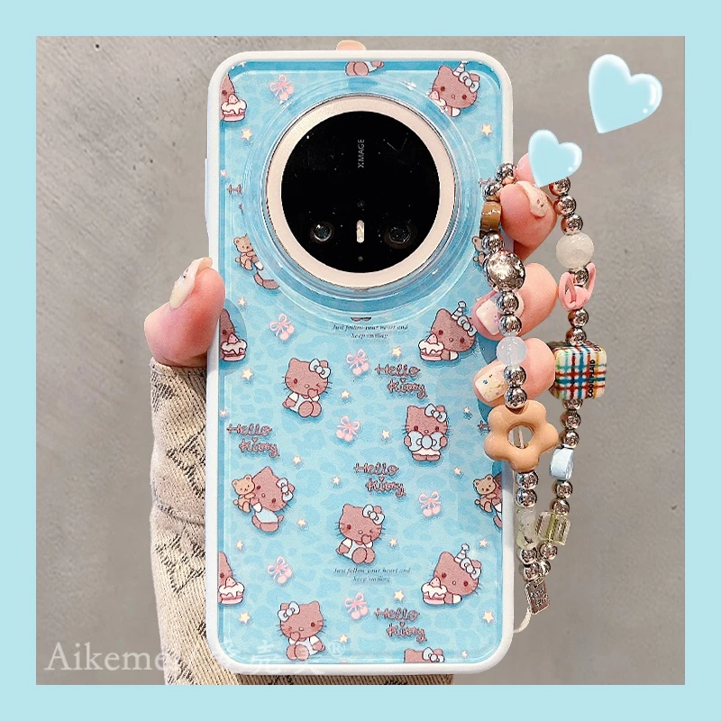 适用华为mate70pro+手机壳二合一蓝色mate60pro+豹纹黑皮kt猫链条