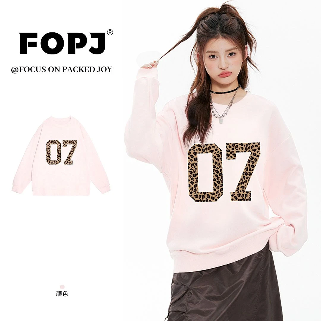 FOPJ美式复古多巴胺豹纹数字印花圆领长袖卫衣女加绒保暖套头上衣