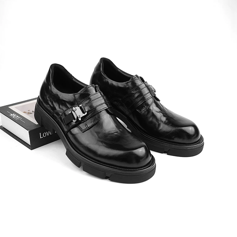 新款英伦风真皮皮鞋男胎牛皮手抓纹厚底潮流皮鞋休闲乐福鞋百搭