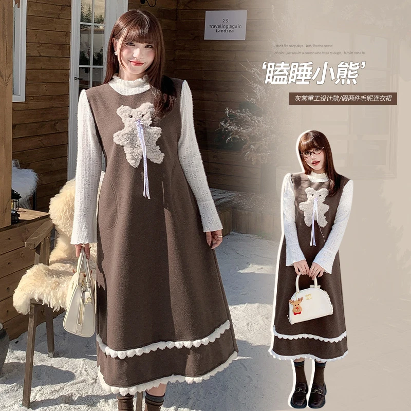 蕾丝拼接假两件春款连衣裙胖mm大码遮肚显瘦设计感毛呢裙子