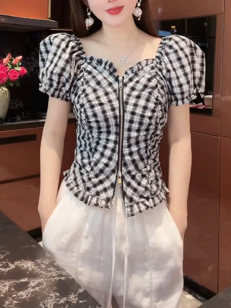 法式别致撞色格子拉链短袖衬衫女2025夏季新款收腰洋气减龄上衣