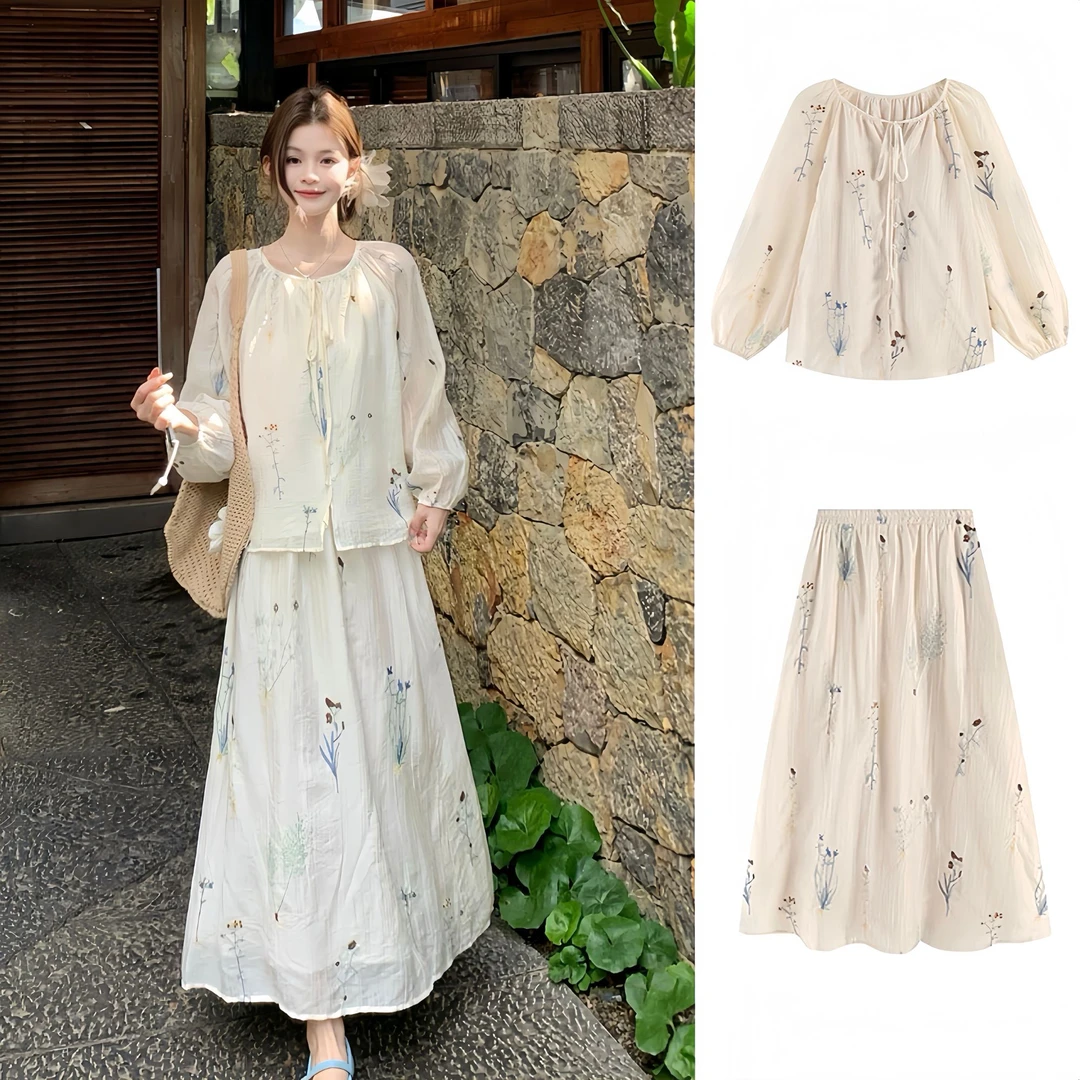 2025新款国风古韵气质显瘦绣花长袖上衣松紧半裙两件套装A1250